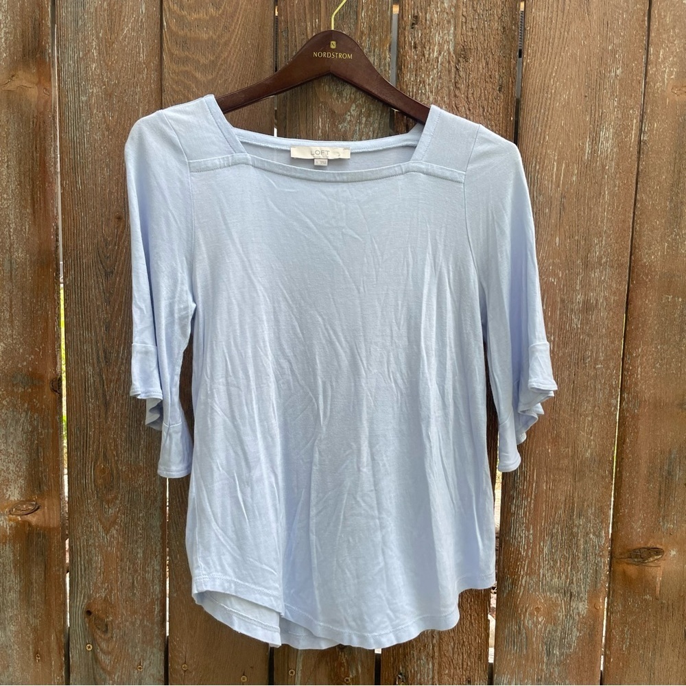 LOFT Women's Light Blue Square Neck 3/4 Ruffle Sleeve 
Top Blouse Size Small